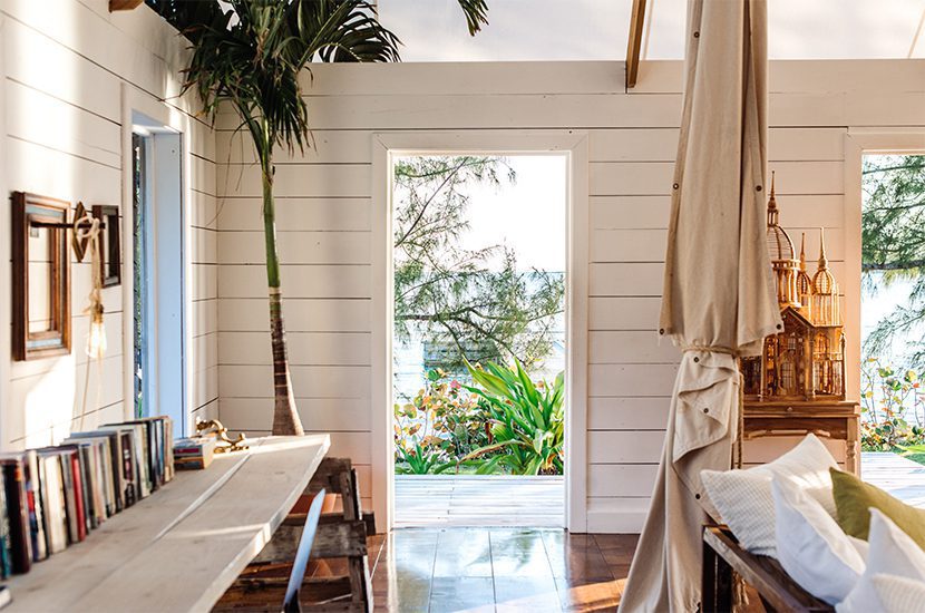 Hotel reception overlooking tropical greenery