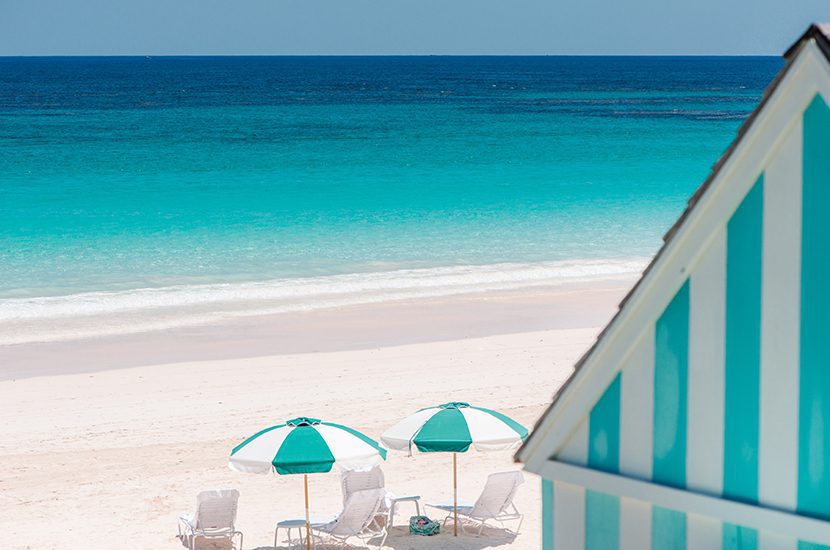 Sunbeds and parasols of the Dunmore Hotel